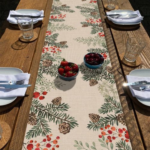 1 Seliem Winter Pine Cone Needle Branch Berry Table Runner, Watercolor Botanical Tabletop Scarf Home Kitchen Plant Decor, Christmas Farmhouse Holiday Rustic Burlap Dining Decorations Party Supply 13 X90