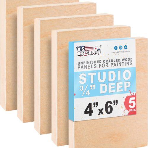 1 U.S. Art Supply Unfinished Cradled Wood Panels for Painting, 5 Pack of 4x6 inch - Studio Birch Wooden Canvas Boards 3/4" Deep - Mixed-Media Craft, Acrylic, Oil, Encaustic, Paint Pouring Panel Board