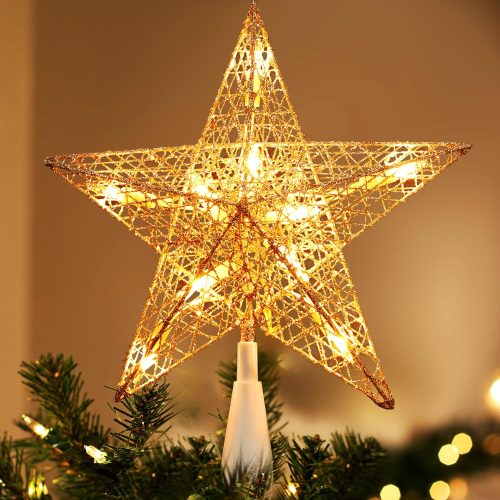 1 Gold Christmas Tree Topper, 9“ Hollow-Out Star Tree Topper with 10 Warm White Lights, Pre-lit 5 Point Star Treetop, 120V UL Listed Lighted Treetop for Christmas Tree Home Decoration