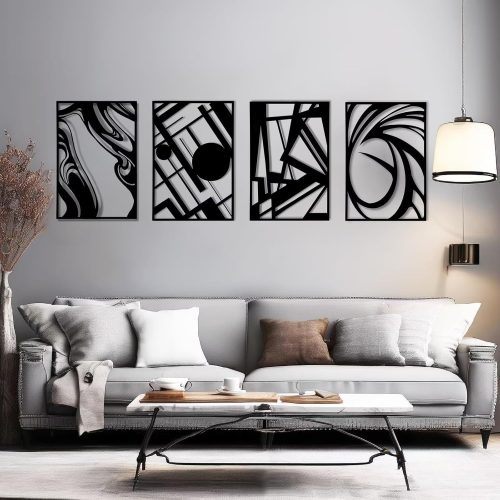 4 Pack Modern Metal Abstract Wall Art, Minimalist Matte Black Single Line Art Décor, 3D Sculptures Textured Hanging Wall Home Decor and Shadow Effect Wall Decor for Living Room Bedroom, 16"x11"