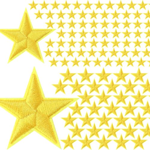 1 Dingion 80 Pcs Star Iron on Patches Mini 5 Star Embroidered Patch Sew on Appliques Decorative Embellishments Appliques for DIY Craft Backpack Bag Hat Jacket Clothing (Gold, 1.2 x 1.2 In, 1.7 x 1.7 in)