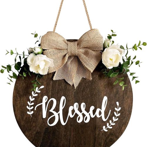 1 Blessed Farmhouse Welcome Sign, Round Wood Hanging Door Decor with Ribbon Bow and Artificial Greenery, Rustic Front Porch Wreath for Thanksgiving, Christmas, Brown Home Entry Decor