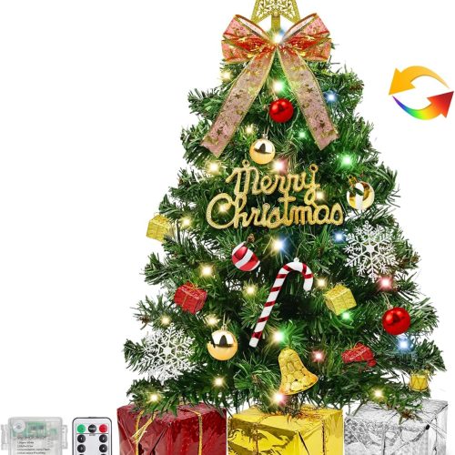 1 Dual Color Change&Remote Control 24 Inch/2FT Tabletop Christmas Tree with Lights Timer, 20 Warm White&Colored Lights 8 Modes 27 Orantments Star Boxes Mini Small Christmas Tree Xmas Home Party Decor