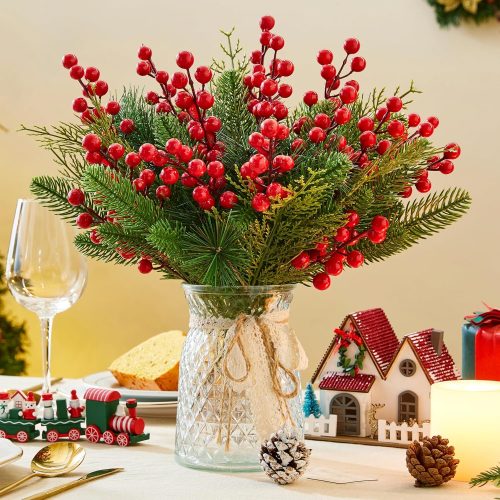 1 60Pcs Christmas Artificial Pine Branches Flowers Red Berry Stem 13.6", Fake Foliage Christmas Greenery Stems Evergreen Pine Needles Picks for Christmas Wreath Garland Tree DIY Craft Home Decor
