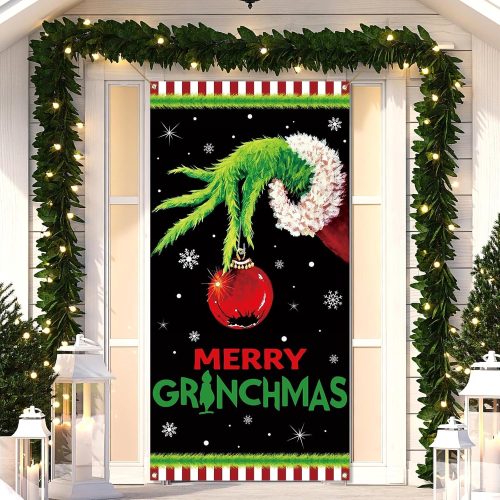 1 Sunwer Merry Christmas Door Cover Xmas Winter Holiday Party Decoration Front Porch Sign Backdrop Banner for Home Indoor Outdoor Decor