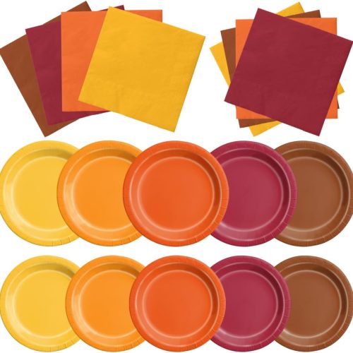 1 CMUSKO 60Pcs Fall Plates and Napkins-Red Orange Yellow Autumn Disposable Tableware for Fall Wedding, Bridal Shower, Thanksgiving