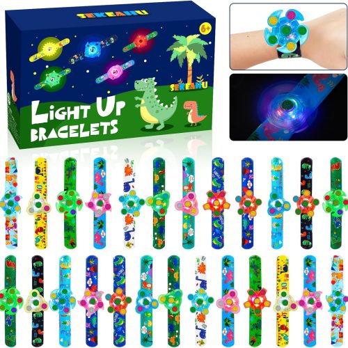 1 SEKEAHU 25 PCS Light Up Fidget Rotating Toy + 25PCS Slap Bracelets, Dinosaur Halloween Party Favors Christmas Stocking Stuffers for Kids 4-8-12 Goodie Bag Stuffers Glow in The Dark Supplies Gifts
