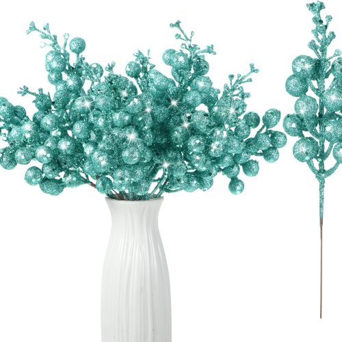 1 Geosar 36 Pcs Christmas Glittered Berries Stems 7.9 Inch Artificial Berries Sprays Branches Floral Pick for Christmas Tree Ornament, DIY Xmas Wreath, Crafts, Home Decor(Turquoise,Pure Color)