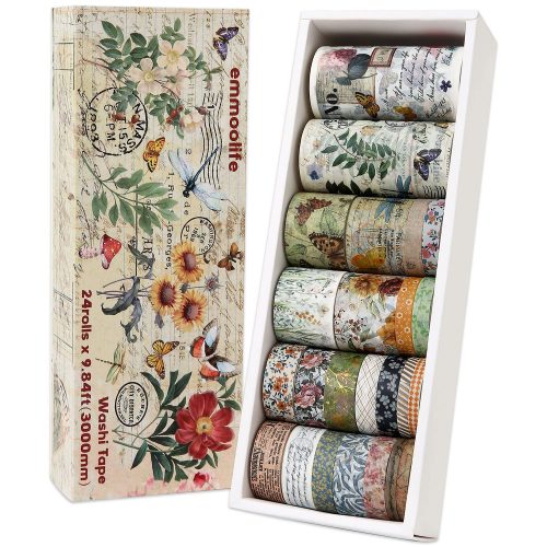 1 24 Rolls Vintage Washi Tape Set, Floral Letter Butterfly Mushroom Botanical Flower Writable Decorative Tapes for Scrapbooking , Junk Journal supplies, Bullet Journaling 5-75mm Wide 9.84ft long/Roll