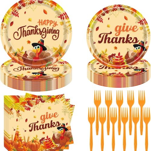 Fall Thanksgiving Party Supplies 96 Pcs Turkey Paper Plates, Napkins, Forks - Pumpkin Autumn Disposable Tableware Set for Harvest Party Decorations