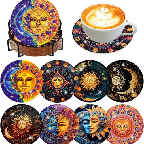 8 Pcs Diamond Art Coasters Kits for Adults with Holder Cork Pads, Sun and Moon Diamond Art Dots Painting Coasters Kits for Home Office Decor 4x4in