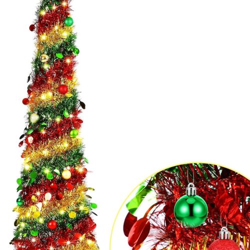 Civaner 5ft Pop up Christmas Tree with Lights and Balls Collapsible Slim Tinsel Xmas Tree Prelit for Home Apartment Winter Party Decoration