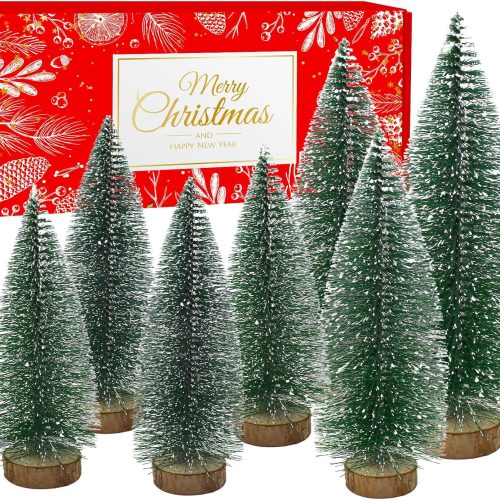 7PCS Small Christmas Trees, Bottle Brush Christmas Trees Mini Sisal Snow Frost Trees Pine Trees with Wood Base Tabletop Mini Christmas Village Tree for Holiday Decorations