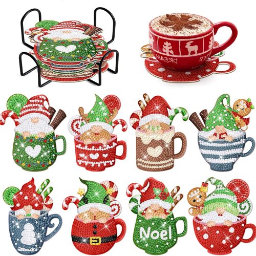 8 PCS Christmas Diamond Art Coasters Santa Claus Diamond Art Coasters Kits with Holder Santa Claus DIY Coasters for Beginners, Adults, Kids, Diamond Art Crafts Supplies