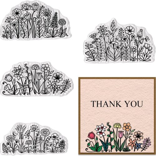 Hying 4 PCS Flowers Background Clear Stamps for Card Making, Daisy Flowers Rubber Stamps Florial Scenery Transparent Stamp Seal for Crafting DIY Scrapbooking Photo Album Decorations