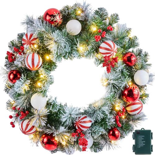 Pre-Lit Artificial Christmas Wreath 24Inch, Christmas Door Decorations Wreath with 50LED Warm Lights, Christmas Balls, Pine Needles, and Red Berries for Front Door Wall Windows X-mas Ornament