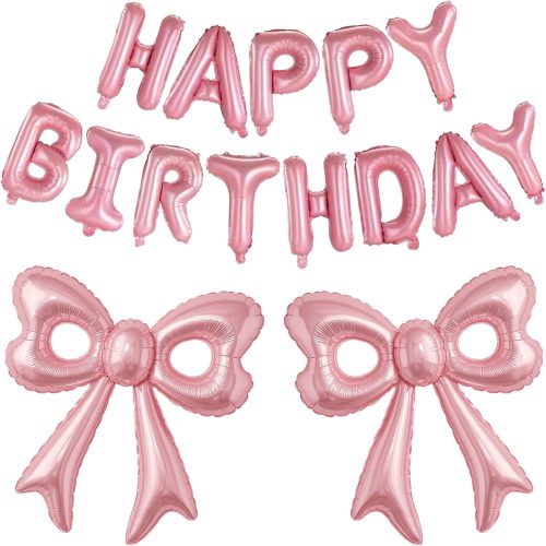 Pink Happy Birthday Balloons, 31”Huge Pink Bow Aluminum Foil Balloons for Girl Woman Birthday, Princess, Coquette Party Decorations Supplies