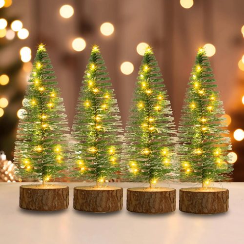 4 PCS Mini Christmas Trees, Artificial Bottle Brush Trees with 2 Modes Timer LED String Lights, Button Cell Battery Powered Desktop Small Pine Trees with Wooden Base for Home Xmas Decor (Warm White)