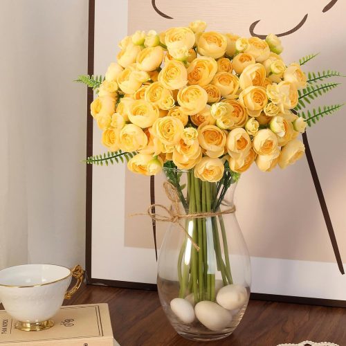 Ranunculus Yellow Artificial Flower Faux Silk Mini Peony Flowers Fake Peonies Yellow Wedding Flowers Bouquet for Centerpieces ArrangementsBridal Shower Decorations 15 Pcs