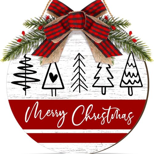 Boao Christmas Door Wreath Merry Christmas Welcome Hanging Wall Sign for Front Door 11.8'' Round Xmas Tree Winter Wreath Wooden Porch Sign with Bow Porch Farmhouse Home Wall Decor(Novel)