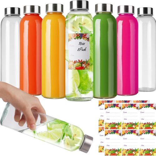 Alotpower 16oz Glass Water Bottles with Stainless Steel Lids 8Pack, Reusable Empty Drinking Bottles for Juices, Smoothies, Tea, Beverages,Kombucha (16fl.oz/500ml, Set of 8)