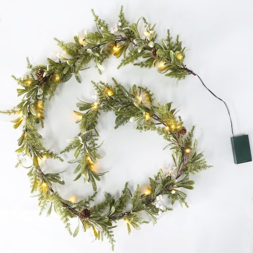 6FT Pre-lit Two-Tone Olive Christmas Garland Battery Operated Artificial Greenery Winter Mistletoe Garland with Timer for Mantle, Stairs Railing, Patio, Table, Window, Front Door Holiday Decor