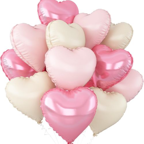 Pink White Heart Balloons,12Pcs Baby Pink Cream Heart Shaped Foil Balloons,18Inch Sand White Helium Balloon for Baby Shower Birthday Anniversary Wedding Party Decorations