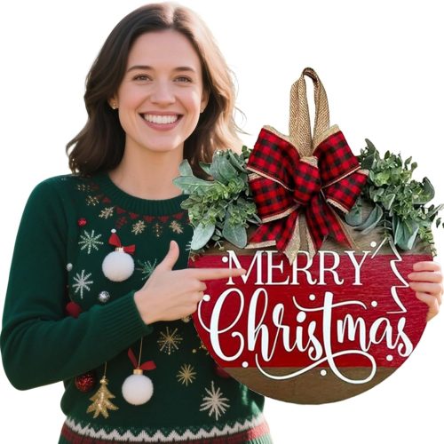 Merry Christmas Hanging Sign for Front Door, Wooden Welcome Wreath with Bow for Holiday Rustic Farmhouse Outdoor Wall Window Decor (Merry Christmas Wreath)