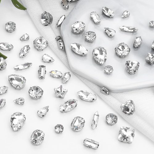 Sew on Rhinestones 205 PCS Glass Mixed Shapes Sew on Crystal Gems Flatback with Silver Claw for Jewelry Crafts Clothes Shoes Costume (Sliver Rhinestones)