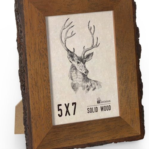 1 Axeman Rustic 5x7 Picture Frame|Natural Solid Wood 5 x 7 Photo Frame with Live Bark Edges|Tempered Glass|5 by 7 Vintage Frame for Tabletop or Wall Display|Farmhouse Countryside Decor