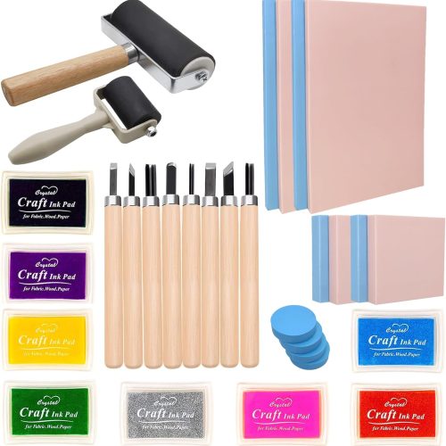 30PCS Rubber Block Stamp Carving Blocks with Cutter Tools and Rubber Brayer Roller for DIY Printmaking and More Crafts (Combo Pack)
