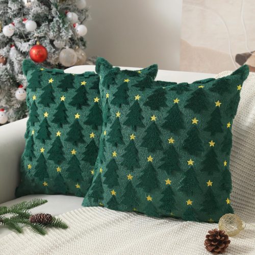 1 Christmas Pillow Covers 18 x 18 inch Set of 2 Dark Green Christmas Tree Pillow Covers Decorations Plush Faux Fur Soft Cushion Case for Winter Xmas Holiday Home Bedroom Sofa Decors PT004-A18