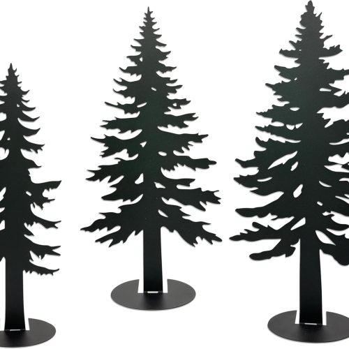 1 Set of 3 Farmhouse Metal Pine Tree Decor, Cabin Woodland Forest Tree Decor for Mantel Centerpieces Living Room Bedroom, Rustic Christmas Decorations, Black