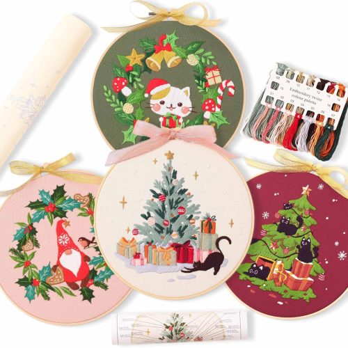 1 REEWISLY 4pcs of Christmas Embroidery kit with Patterns and Instructions, DIY Adult Cross Stitch Kits, Including 4 Plastic Embroidery Rings, 1 Pair of Scissors, Colored Threads and Needles,Christmas