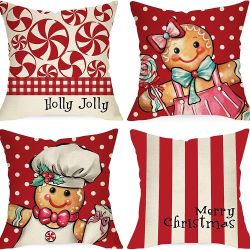1 Merry Christmas Gingerbread Man Decorative Throw Pillow Covers 18x18 Set of 4, Xmas Peppermint Candy Polka Dot Stripe Red Cushion Case Decor, Holly Jolly Winter Holiday Home Decoration for Sofa