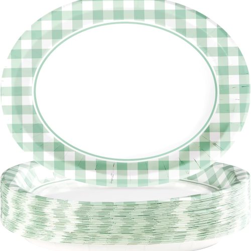 1 Grencian 50 Pcs Gingham Party Supplies 10"x12" Large Sage Green Gingham Oval Plates Disposable Heavy Duty Green and White Checkered Plaid Paper Plates for Picnic BBQ Birthday Wedding Bride Baby Shower