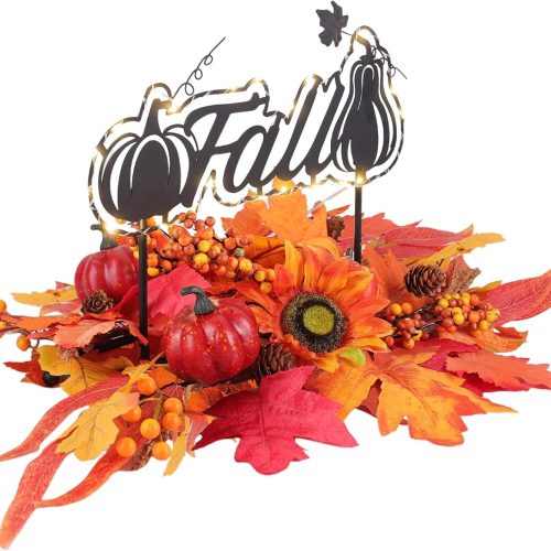 1 MEETYAMOR Fall Centerpieces for Table, 25" LED Lighted Pumpkin Centerpiece for Fall Thanksgiving Decor, Artificial Pine Cones, Berries, Autumn Leaves Harvest Fall Dining Table Decorations for Home