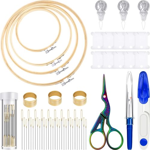 1 Mudder 53 Pieces Cross Stitch Tool Embroidery Starter Kit Includes Bamboo Circle Cross Stitch Hoop Ring Sewing Scissors Needle Threading Tools Thimbles Floss Bobbins Seam Ripper and Embroidery(Blue)