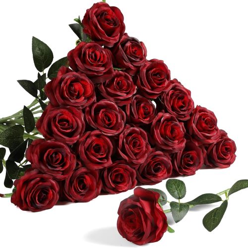 24pcs Artificial Silk Roses Bulk,Fake Roses Flower with Stems Realistic Flowers for Wedding Centerpiece Home Party Decor(Burgundy)