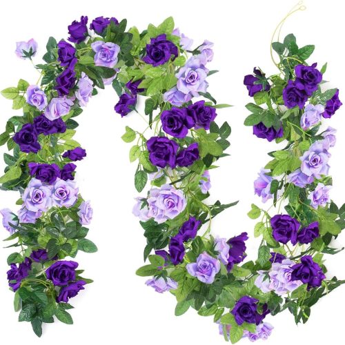 1 Kisflower 3Pack Artificial Rose Flower Garland, 23.7FT Fake Vines Silk Flowers Hanging Rose Ivy for Wedding Arch Decorations Room Party Home Garden Hotel Office Wall Decor (Purple)