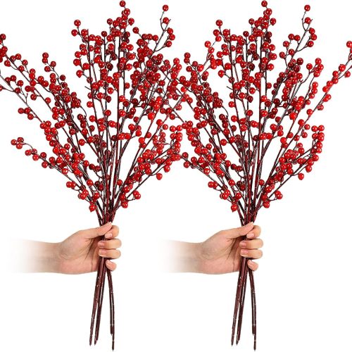 1 Artificial Red Berry Stems 21.6 Inch Christmas Red Berries Holly Berry Branches for Christmas Tree New Year Decor DIY Craft (Simple Style, 16 Pieces)