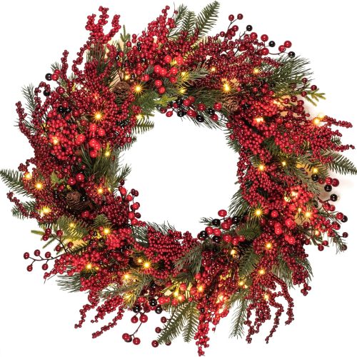 1 Prelit Christmas Wreath with Lights and Timer 26-Inch Mixed Red Berry Decor for Front Door Window Fireplace Mantel Xmas Winter Holiday Decoration Decor