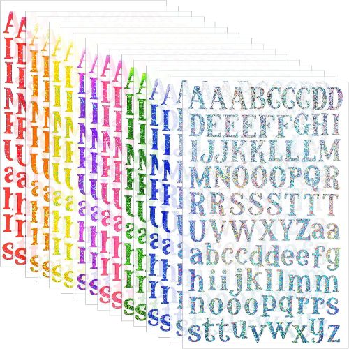 2160 Pieces 24 Sheets Holographic Laser Letter Stickers Glitter Self Adhesive Stickers Shiny Alphabet DIY Small Vinyl Decorative Decals for Cups Scrapbooks Window Door Cars(Multiple Colors)