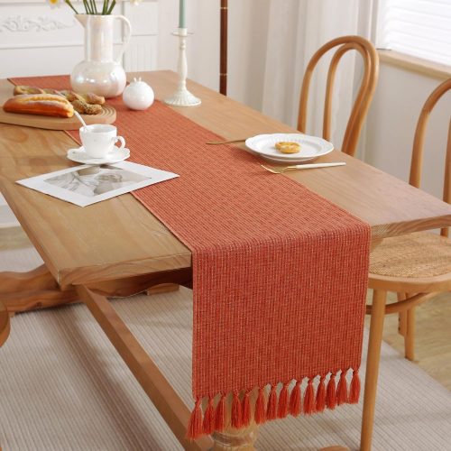 1 Fall Table Runner, Rustic Farmhouse Table Runners with Tassels 36 Inches Long, Boho Cotton Linen Table Runner for Table Decor, Holiday Party and Wedding, 13x36 Inches, Orange