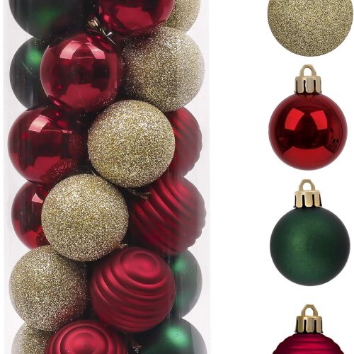 1 1.57 Inches Small Christmas Tree Decorations Ornament Set, 24ct Red Green Gold Shatterproof Hanging Ball Ornaments Holiday Party Decor