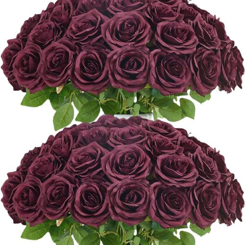 50pcs Roses Artificial Flowers Bulk,Burgundy Fake Roses Silk Flower with Stems Realistic Flowers for Wedding Centerpiece Home Party Decor
