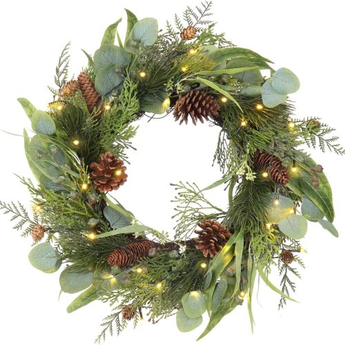 1 Pre Lit Christmas Wreath for Front Door Lighted Green Wreath Decorated with Pine Cones,Berry Clusters, Abundant Fit Branches 18” Christmas Wreaths for Windows Winter Wreath Hanging Wall Decor
