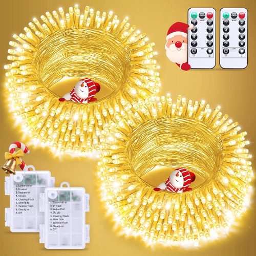 2 Pack Battery Operated Christmas Lights with Remote, Total 66ft 200 LED Battery String Lights Outdoor Indoor, Warm White Twinkle Light for Christmas Tree Bedroom Porch Garland Yard Car Decor