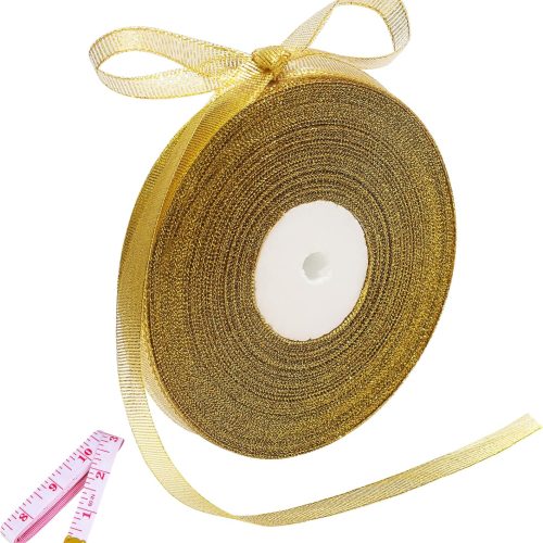 50 Yards Gold Glitter Ribbon 3/8 Inch, Sparkly Thin Solid Fabric Ribbon for Gift Wrapping, Crafts, Holiday Wedding Birthday Party Decoration Floral Bouquet, Metallic Gold Ribbon Roll