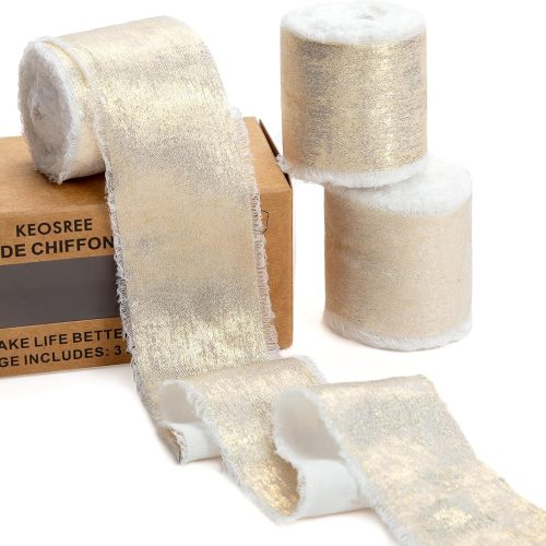 Champagne Gold Silk Chiffon Ribbon,Ivory White Frayed Shimmery Silk Ribbon for Bridal Flower Bouquet Gift Wrapping Wedding Decor Invitations Decorations 1.5" x 15 Yards (5Yards X 3 Rolls)